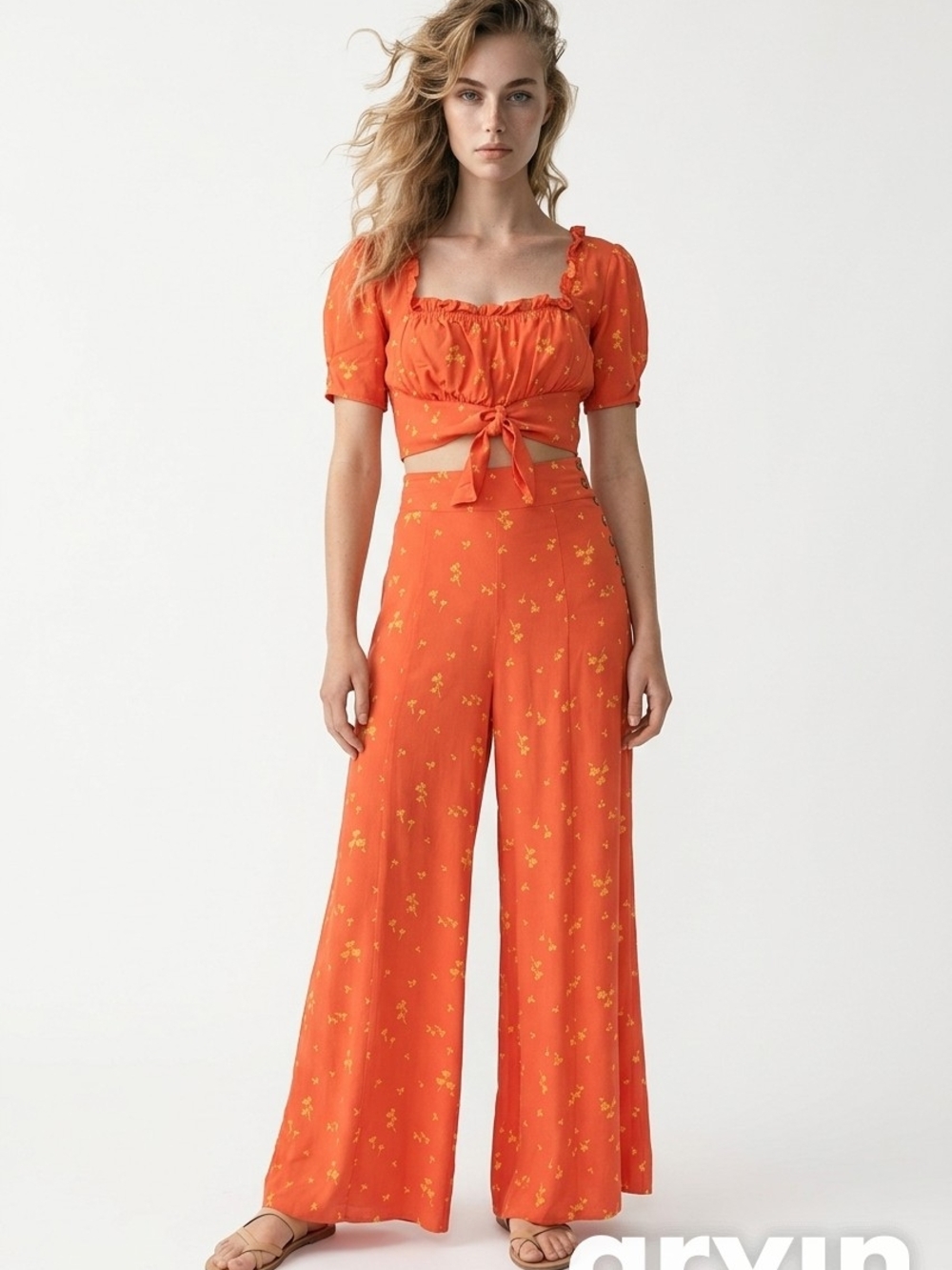 Free People You And Me Set, Smocked Top, Orange Floral Wide-Leg Pants